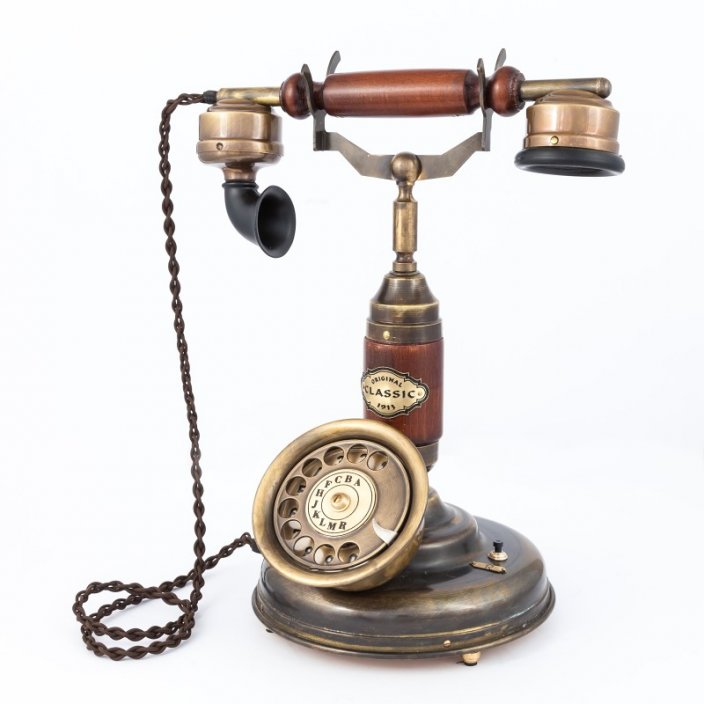 Historický telefon stolní kovový s vidlicí 3004-006