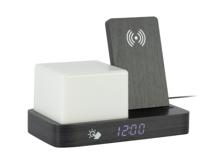 Digitální stolní hodiny 6079BK Karlsson s lampou a nabíječkou smartphonů 20cm